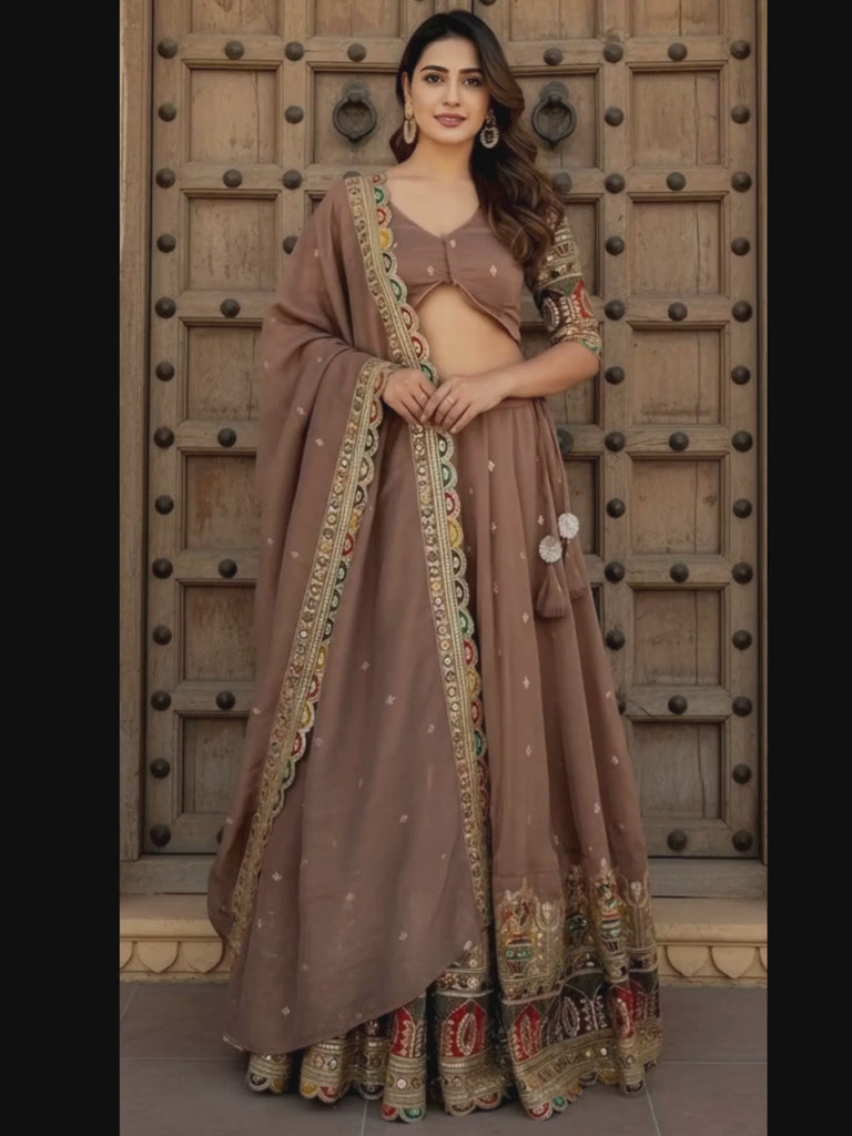 Precious Beige Thread Work Silk Festival Wear Lehenga Choli With Dupatta