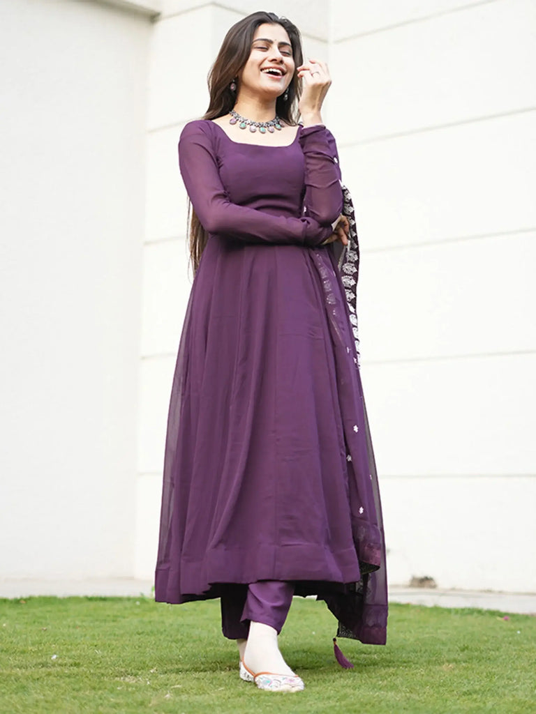 Gorgeous Purple Color Thread Embroidery Georgette Anarkali Pant Suit