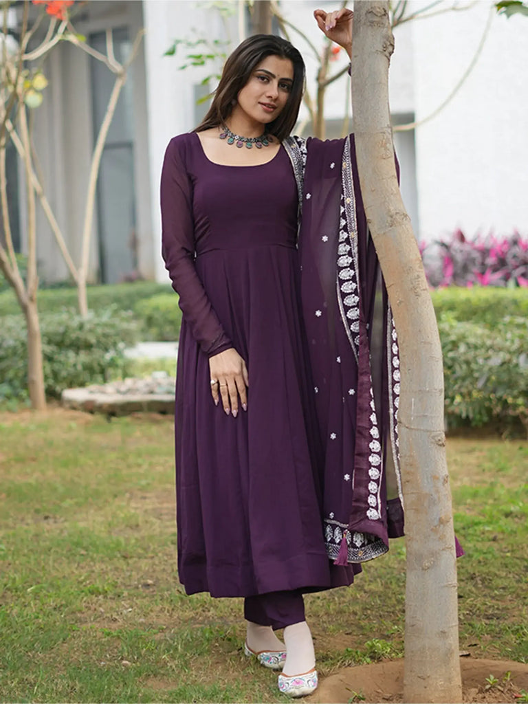 Gorgeous Purple Color Thread Embroidery Georgette Anarkali Pant Suit