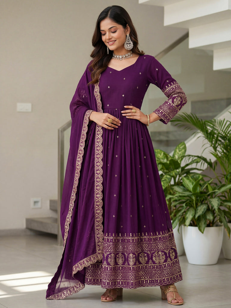 Glamorous Purple Sequins Silk Wedding Wear Gown With Dupatta 