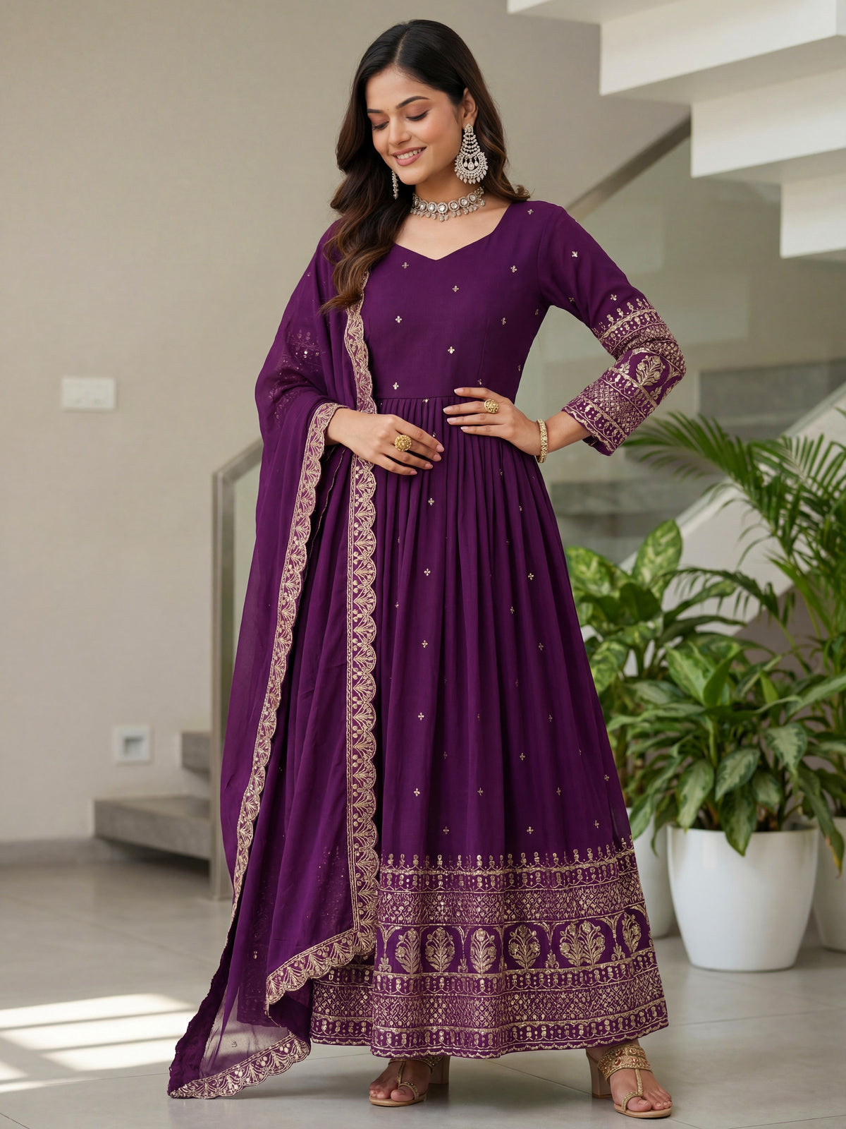 Glamorous Purple Sequins Silk Wedding Wear Gown With Dupatta 