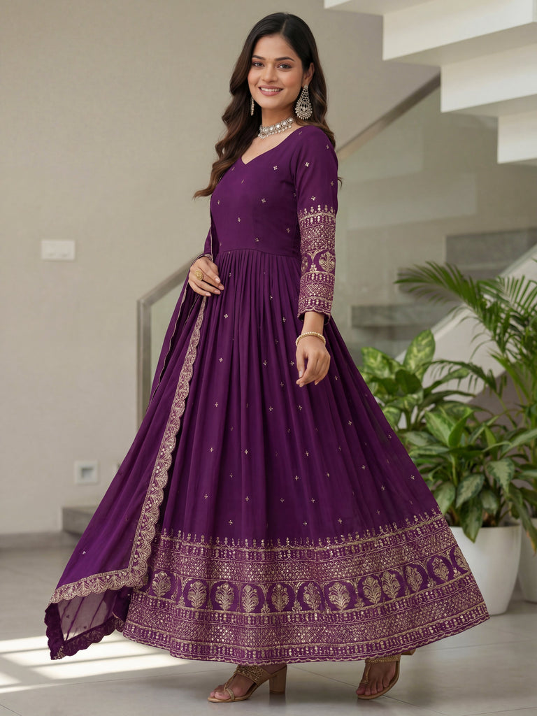 Glamorous Purple Sequins Silk Wedding Wear Gown With Dupatta 