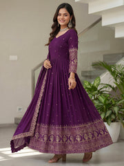 Glamorous Purple Sequins Silk Wedding Wear Gown With Dupatta 