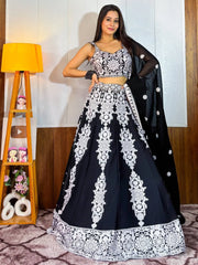 Prodigious Black Thread Embroidery Georgette Wedding Wear Lehenga Choli - Ethnic Plus In