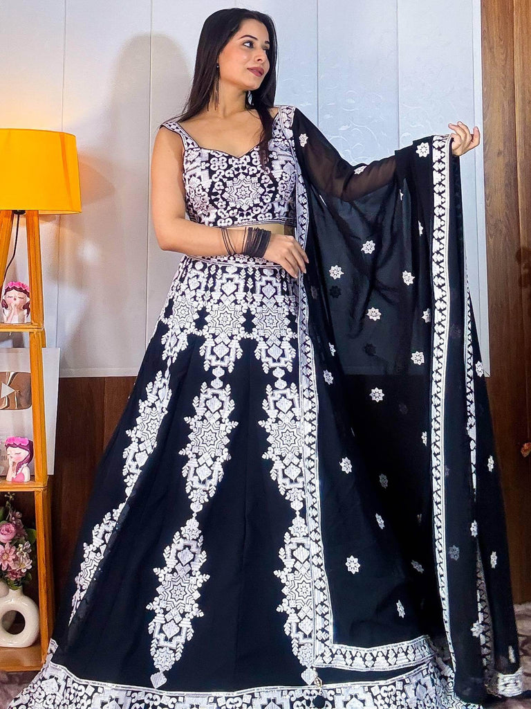 Prodigious Black Thread Embroidery Georgette Wedding Wear Lehenga Choli - Ethnic Plus In