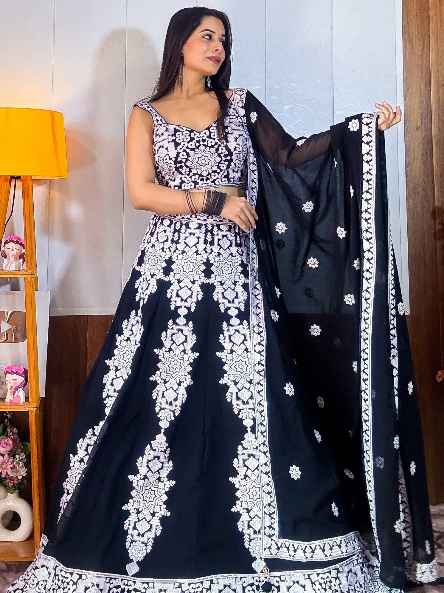 Black and white embroidered lehenga choli with matching dupatta, Indian ethnic wear for women
