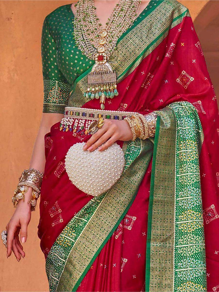 Improbable Red Patola Printed Silk Engagement Wear Saree With Blouse