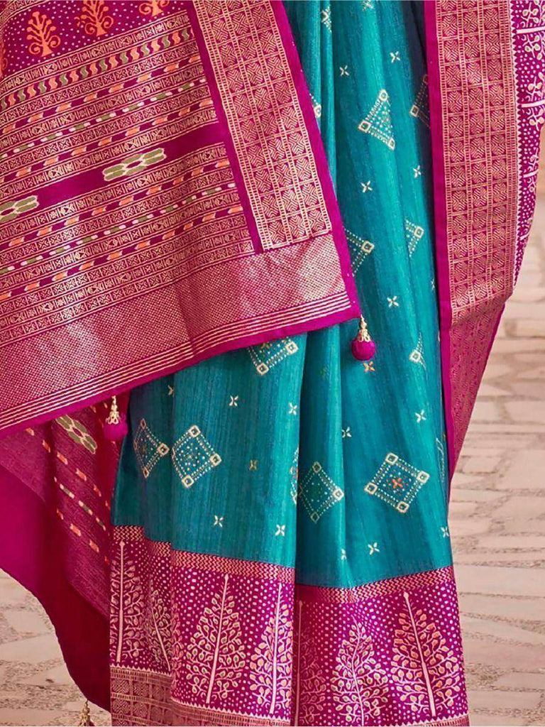 Marvelous Sky Blue Patola Printed Silk Wedding Wear Saree With Blouse