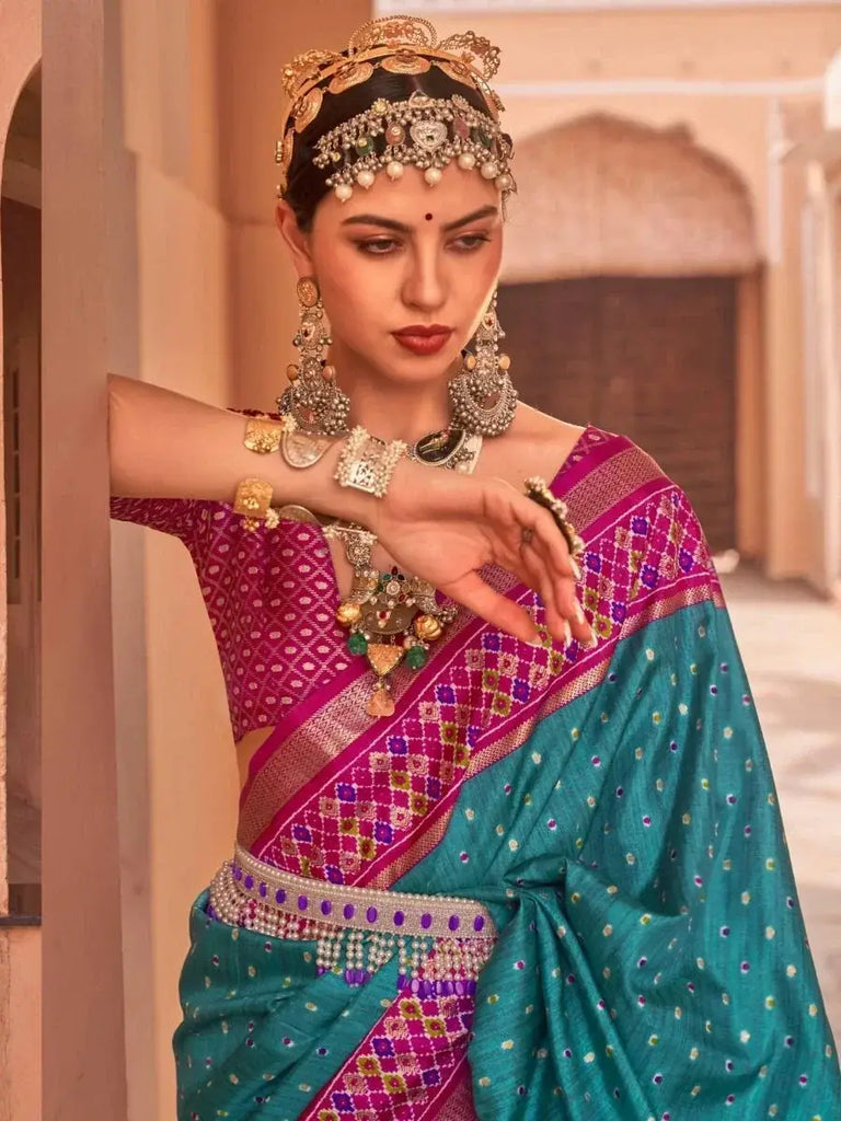 Remarkable Cyan Patola Printed Silk Traditional Saree With Blouse