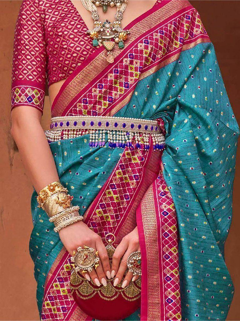 Remarkable Cyan Patola Printed Silk Traditional Saree With Blouse