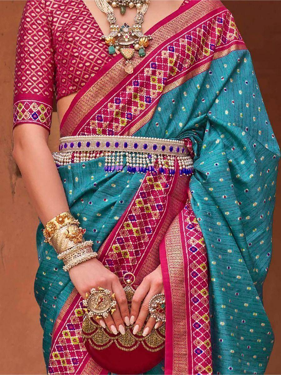 Remarkable Cyan Patola Printed Silk Traditional Saree With Blouse
