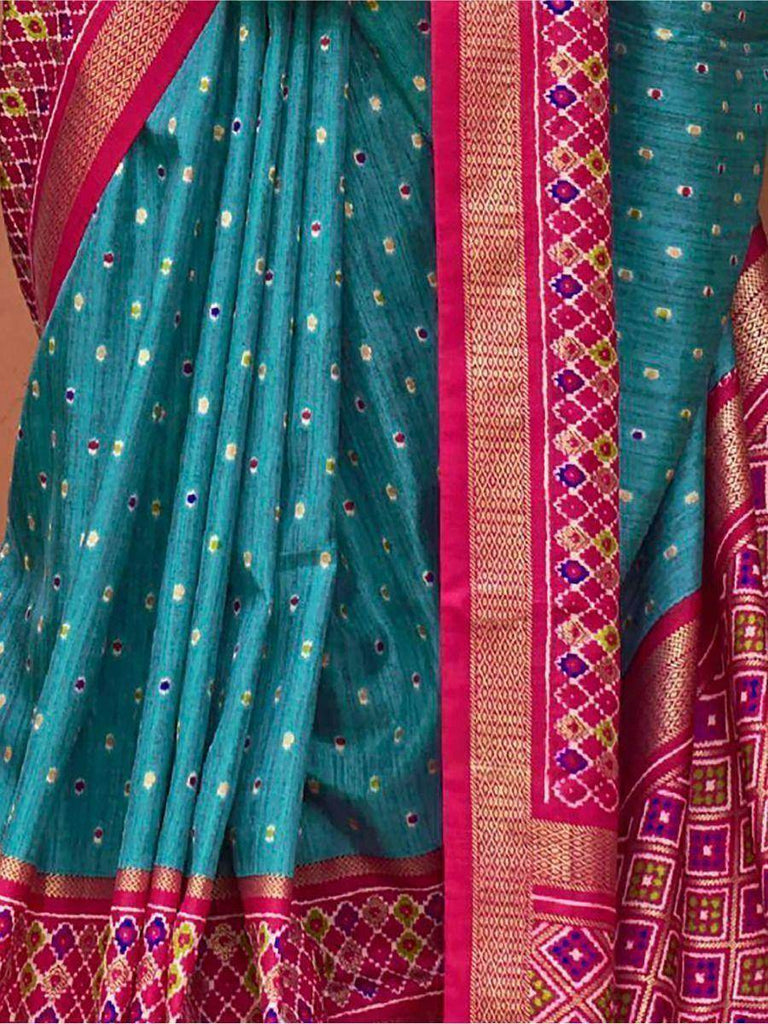 Remarkable Cyan Patola Printed Silk Traditional Saree With Blouse