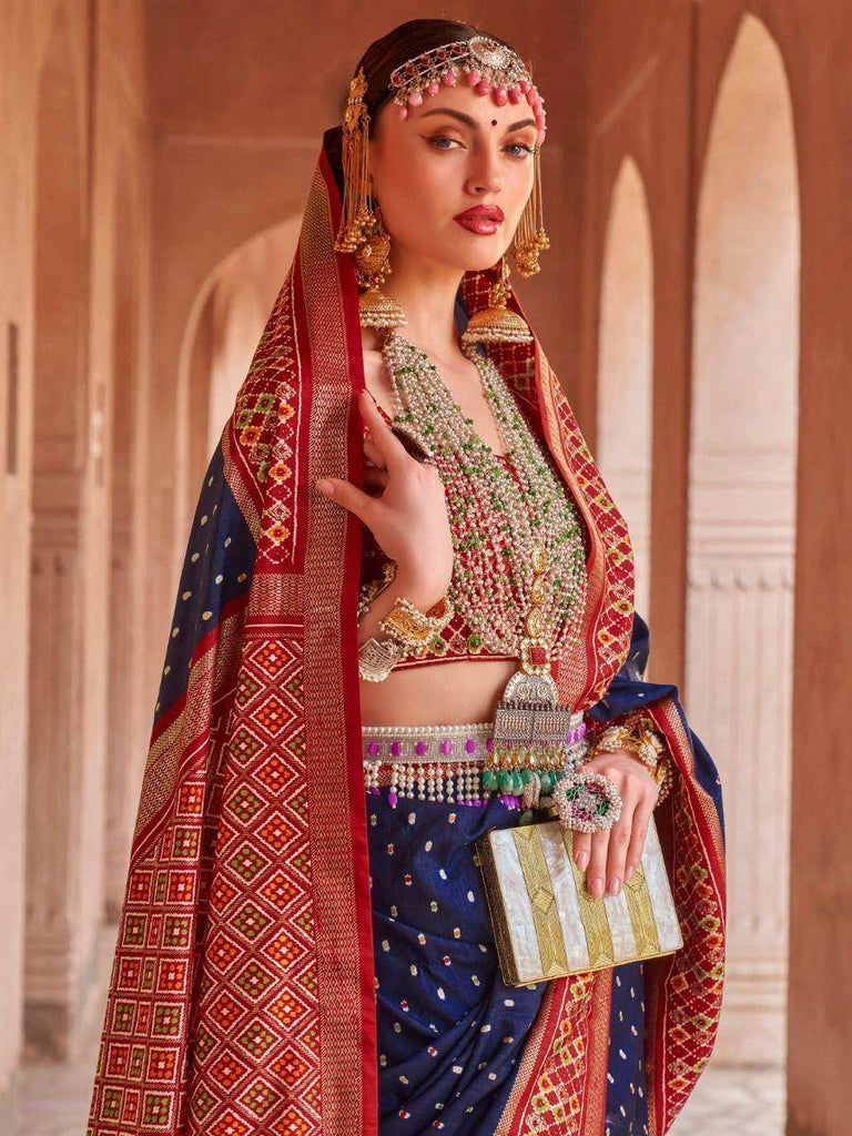 Splendid Navy Blue Patola Printed Silk Event Wear Saree With Blouse