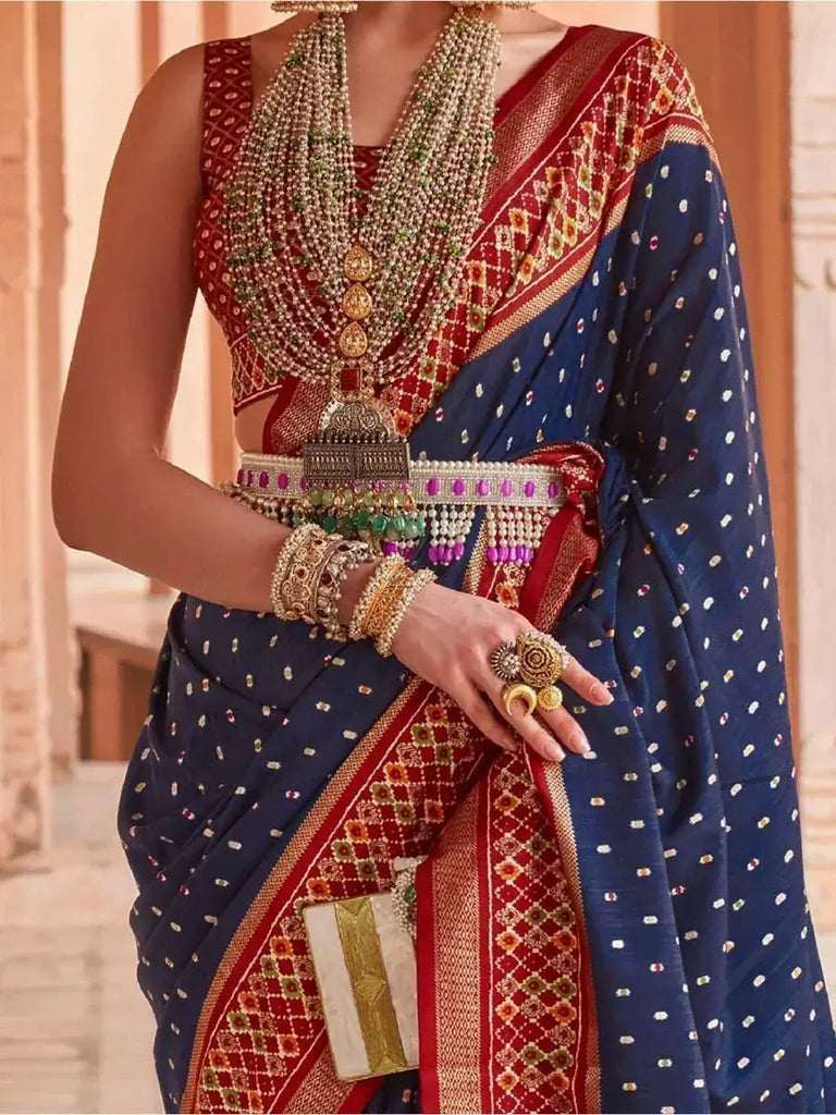 Splendid Navy Blue Patola Printed Silk Event Wear Saree With Blouse