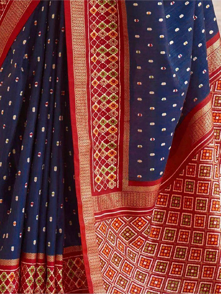 Splendid Navy Blue Patola Printed Silk Event Wear Saree With Blouse