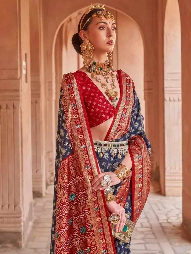 Capricious Navy Blue Patola Printed Silk Festive Wear Saree