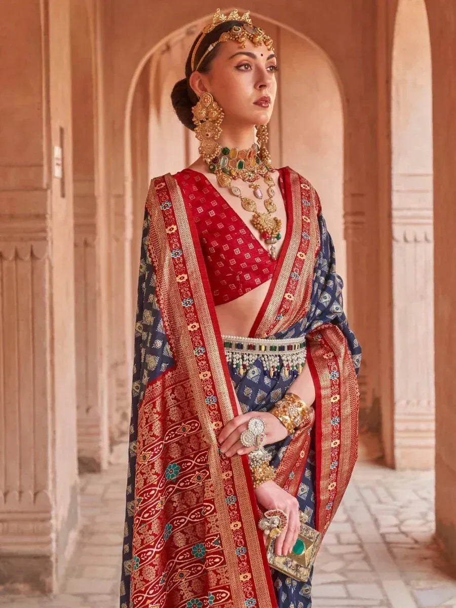 Capricious Navy Blue Patola Printed Silk Festive Wear Saree