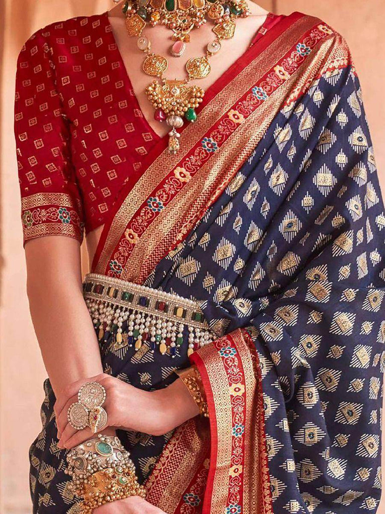 Capricious Navy Blue Patola Printed Silk Festive Wear Saree