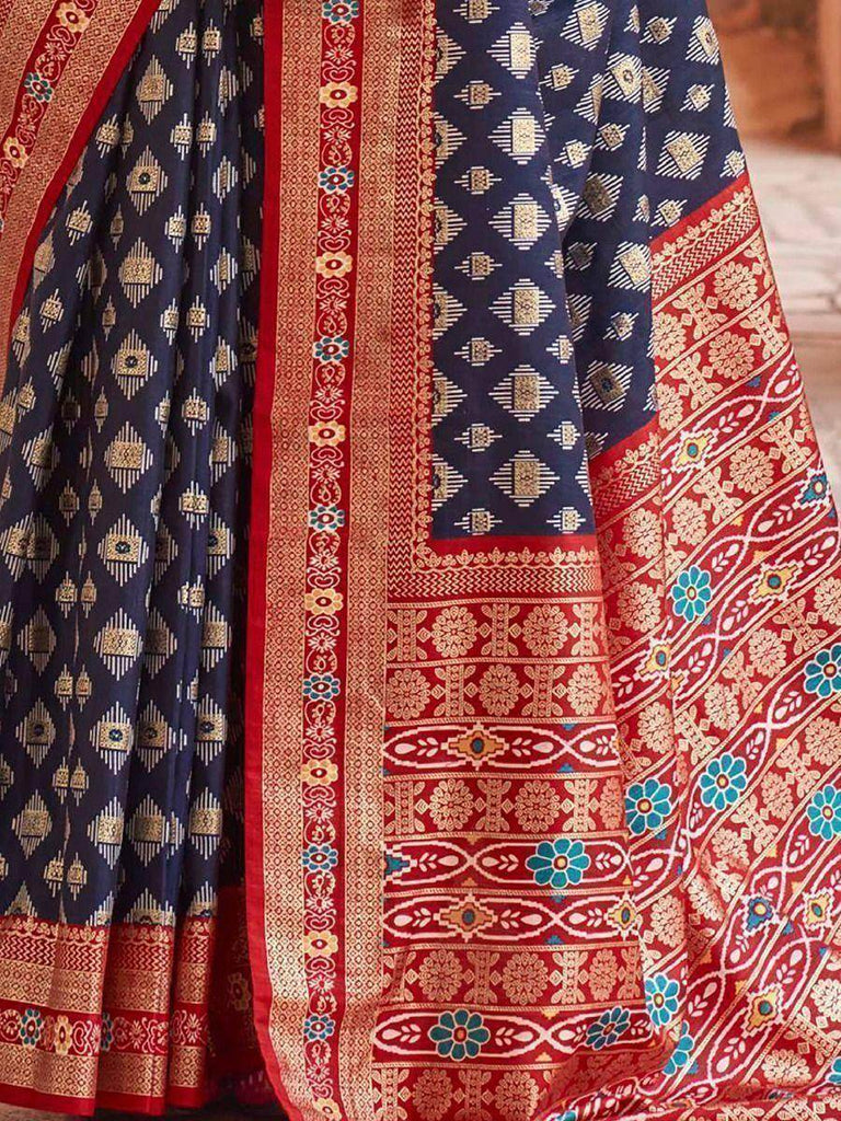 Capricious Navy Blue Patola Printed Silk Festive Wear Saree