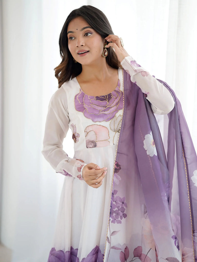 Pretty Purple Flower Printed Organza Traditional Anarkali Suit