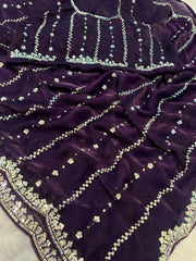 Sparkling Purple Sequins Satin Party Wear Saree With Blouse