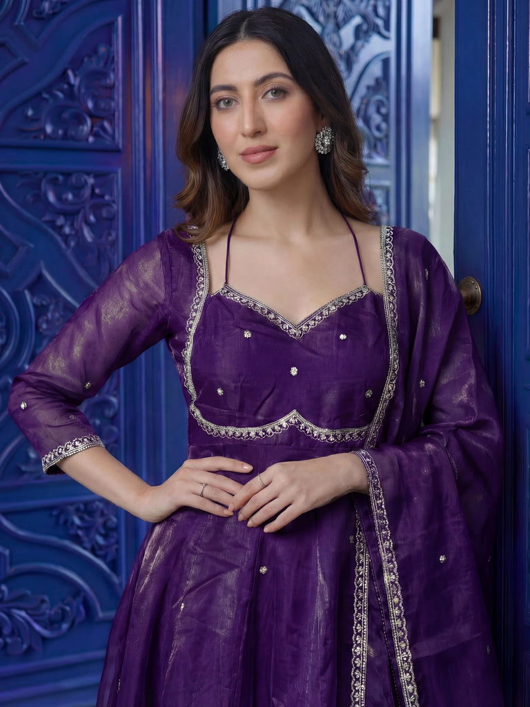 Outstanding Purple Sequins Silk Engagement Wear Anarkali Gown