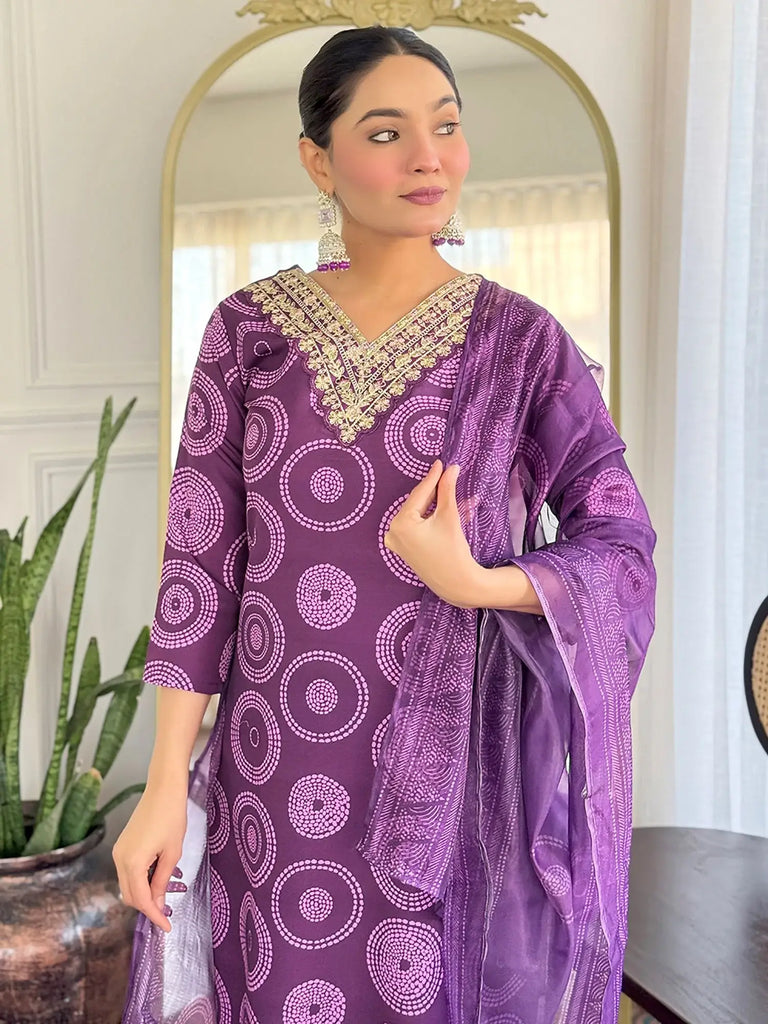 Mesmerizing Purple Rayon Printed Festival Wear Straight Suit