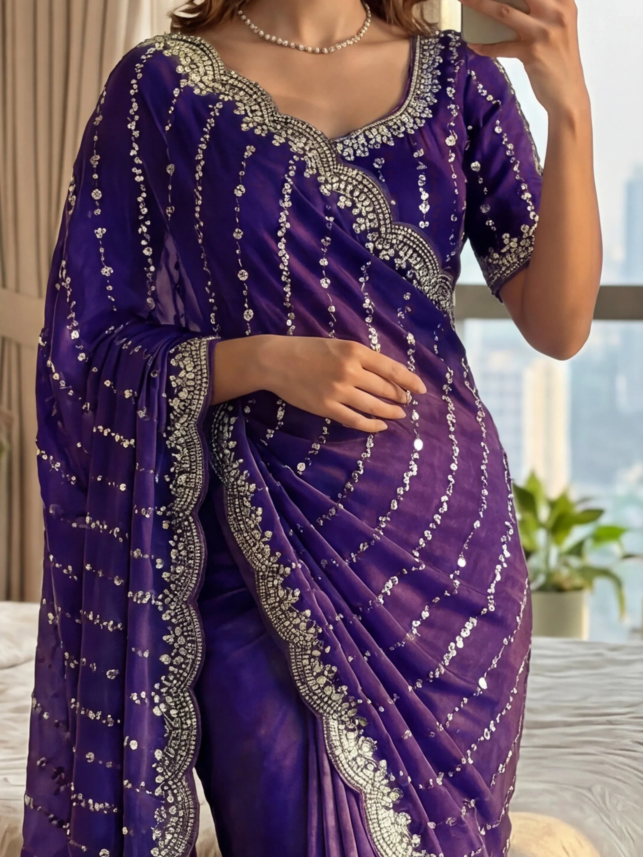 Sparkling Purple Sequins Satin Party Wear Saree With Blouse