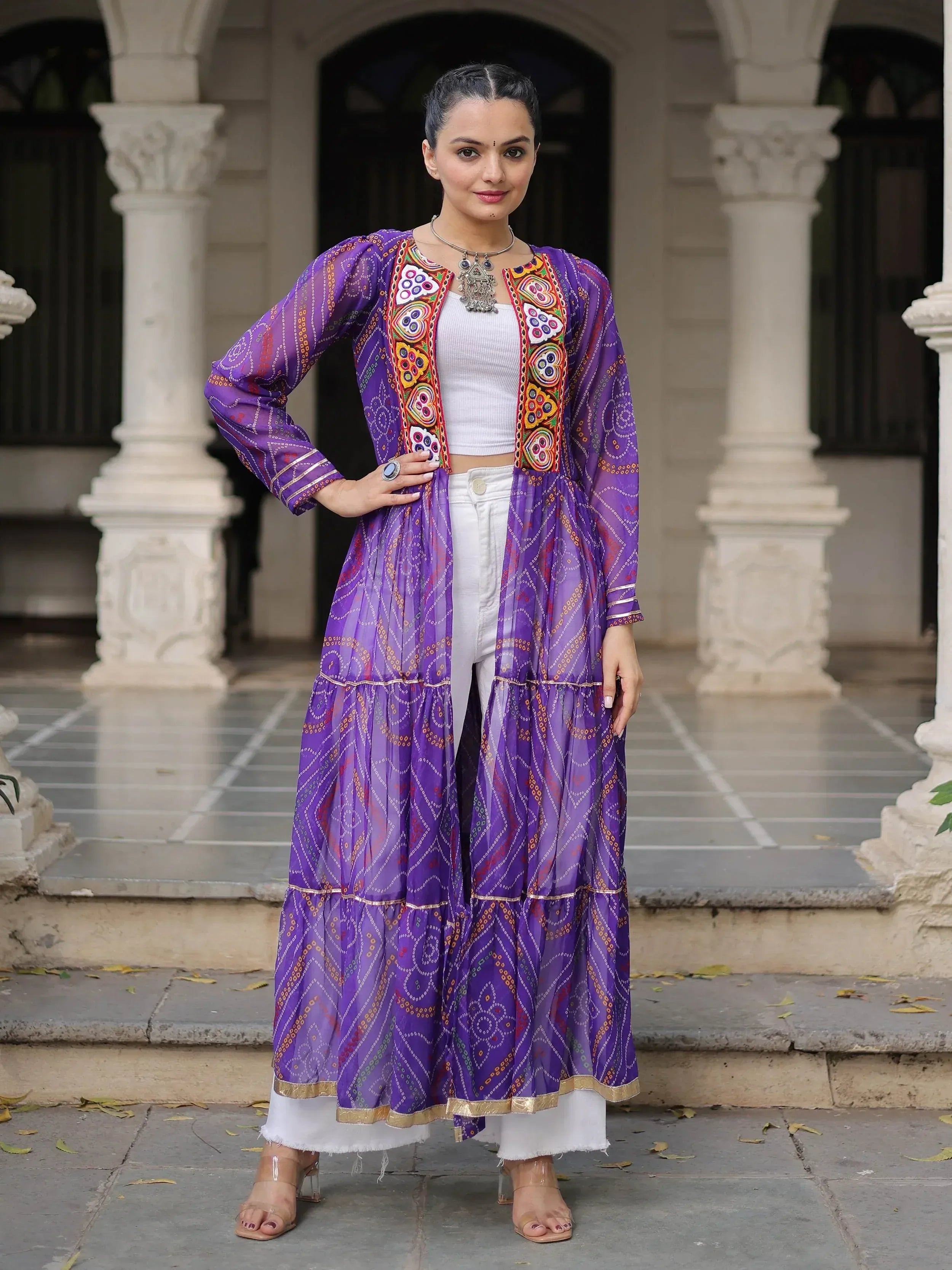Purple embroidered ethnic long jacket with white pants, Indian designer wear