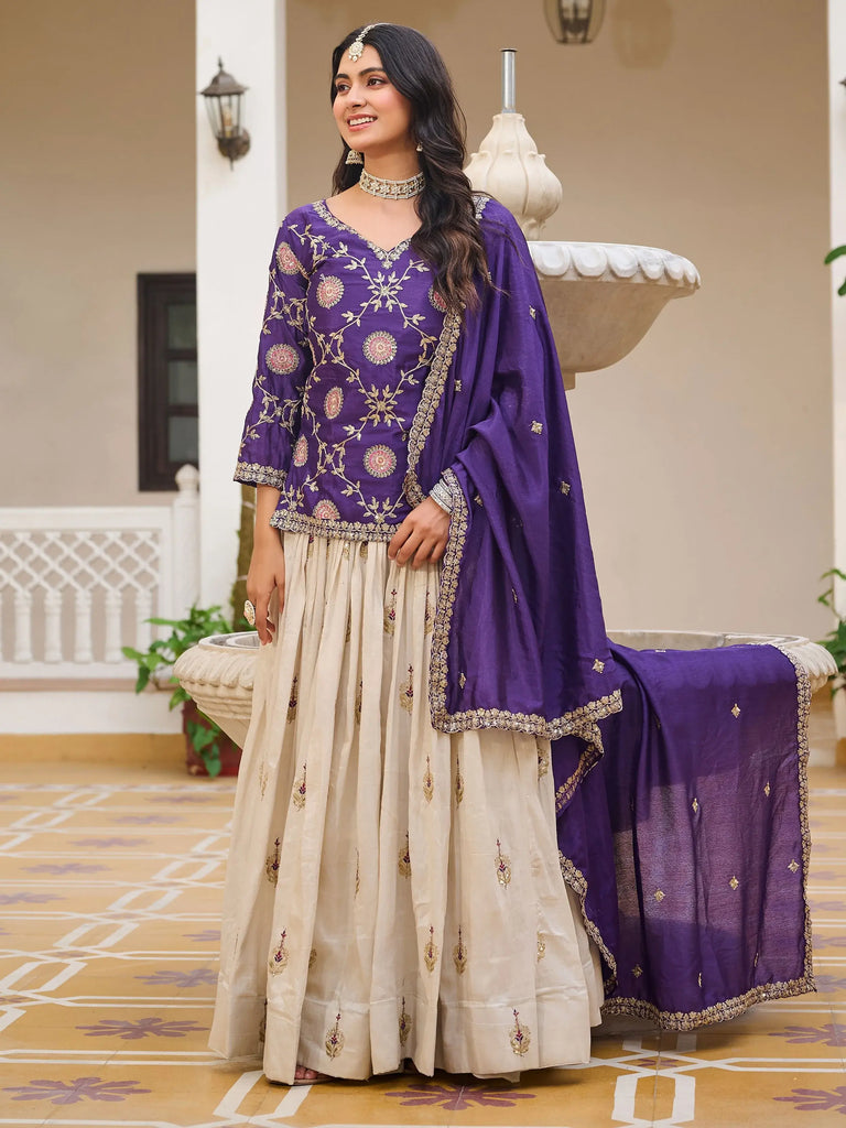 Impressive Purple Sequins Embroidered Chinon Lehenga With Long Choli