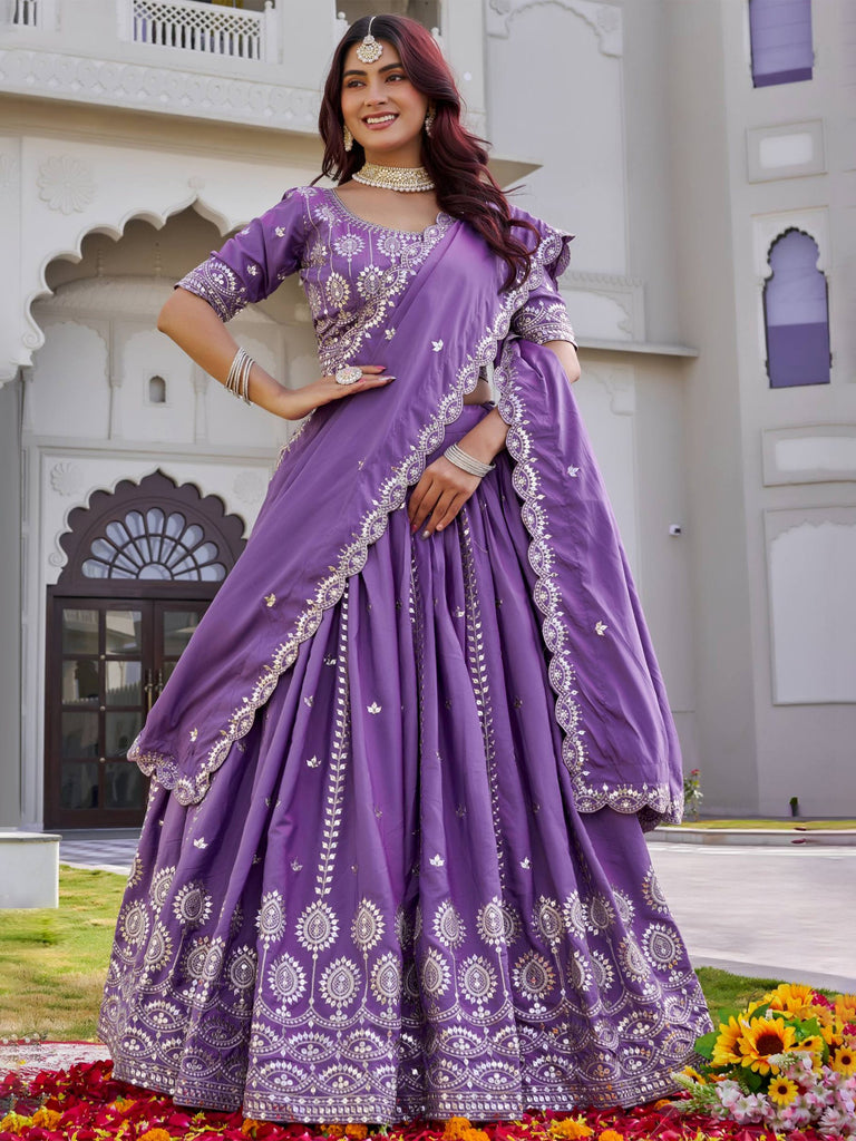 Precious Purple Embroidered Silk Wedding Wear Lehenga Choli