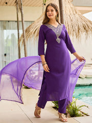 Gleaming Purple Rayon Embroidered Festival Wear Straight Suit