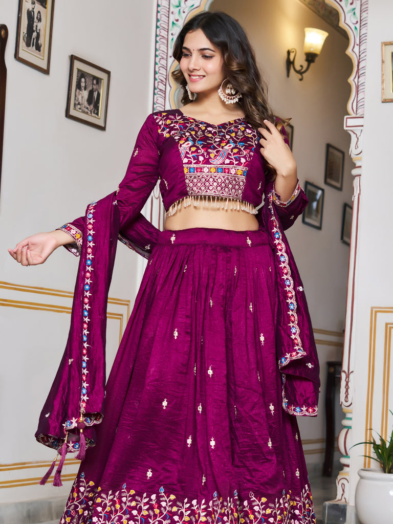 Gorgeous Purple Thread Embroidered Silk Wedding Wear Lehenga Choli 