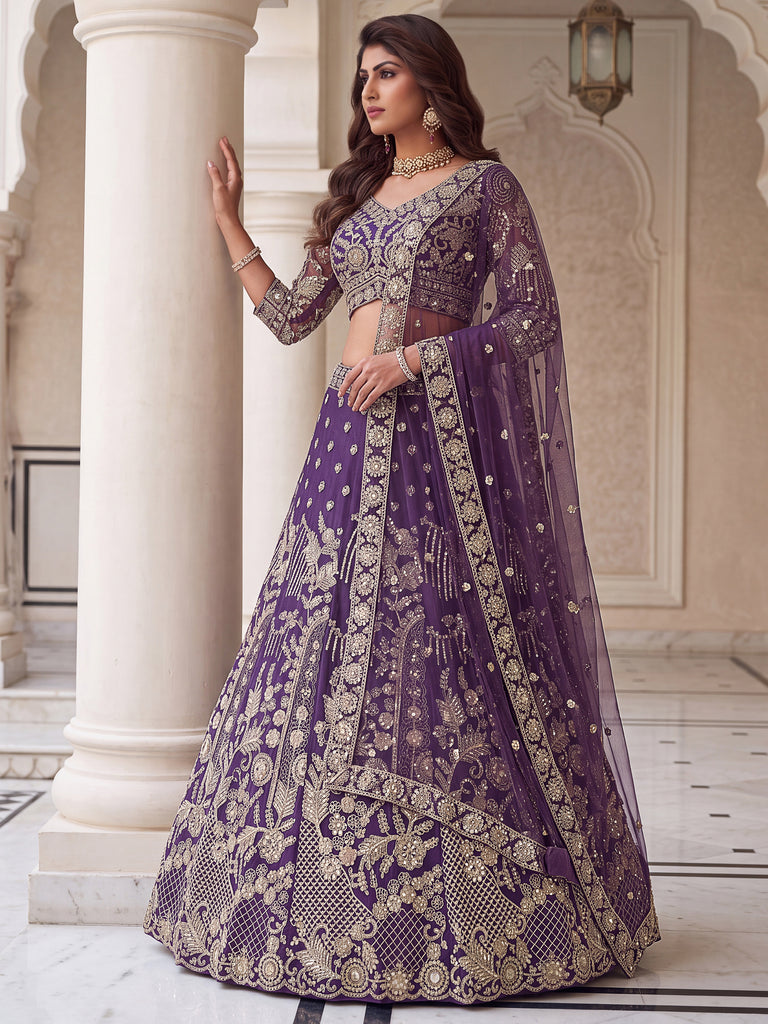 Rich Purple Embroidered Net Cocktail Wear Lehenga Choli With Dupatta