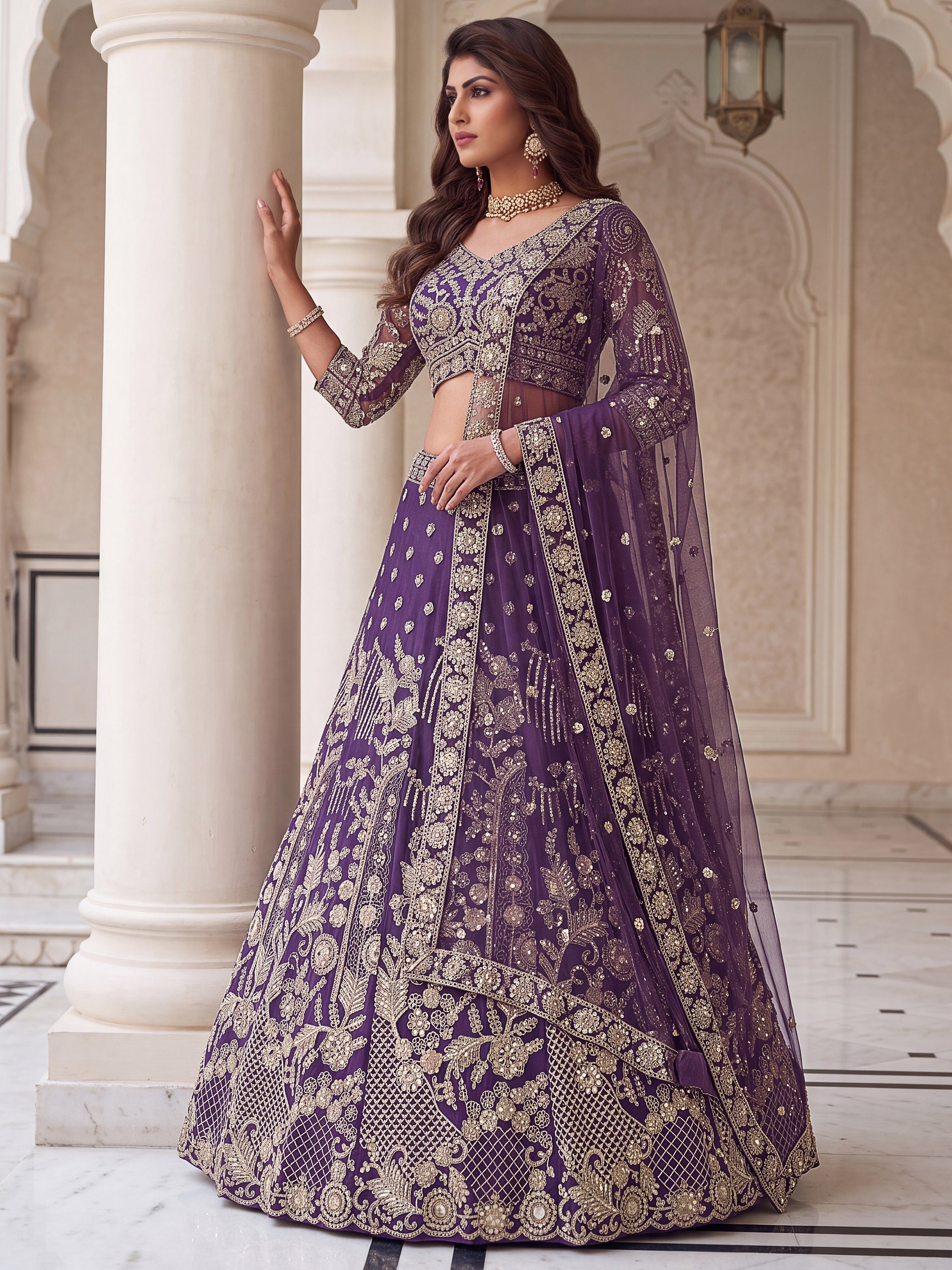Rich Purple Embroidered Net Cocktail Wear Lehenga Choli With Dupatta