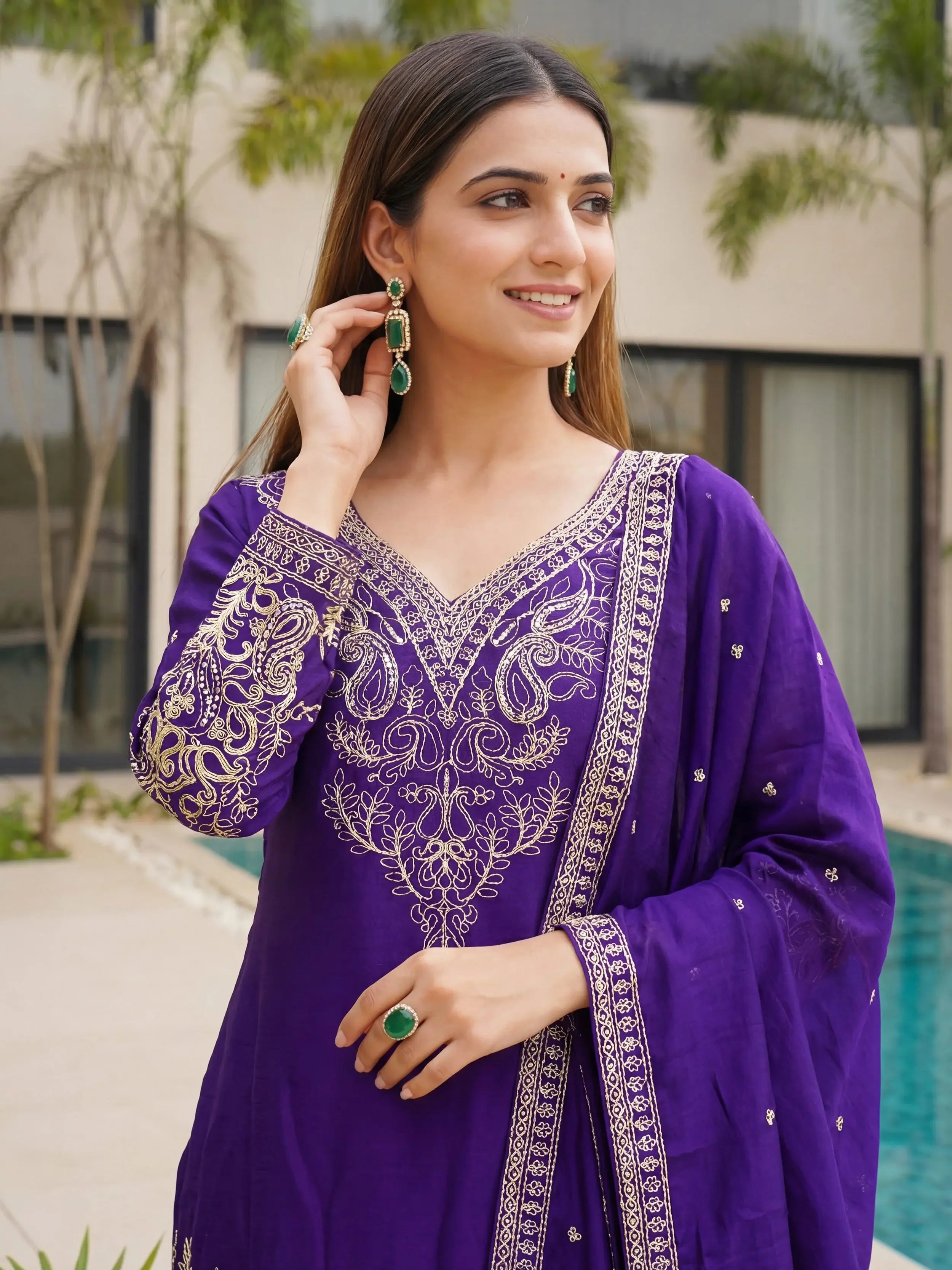 Enchanting Purple Embroidered Chinon Function Wear Palazzo Suit