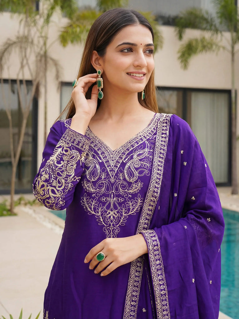Enchanting Purple Embroidered Chinon Function Wear Palazzo Suit