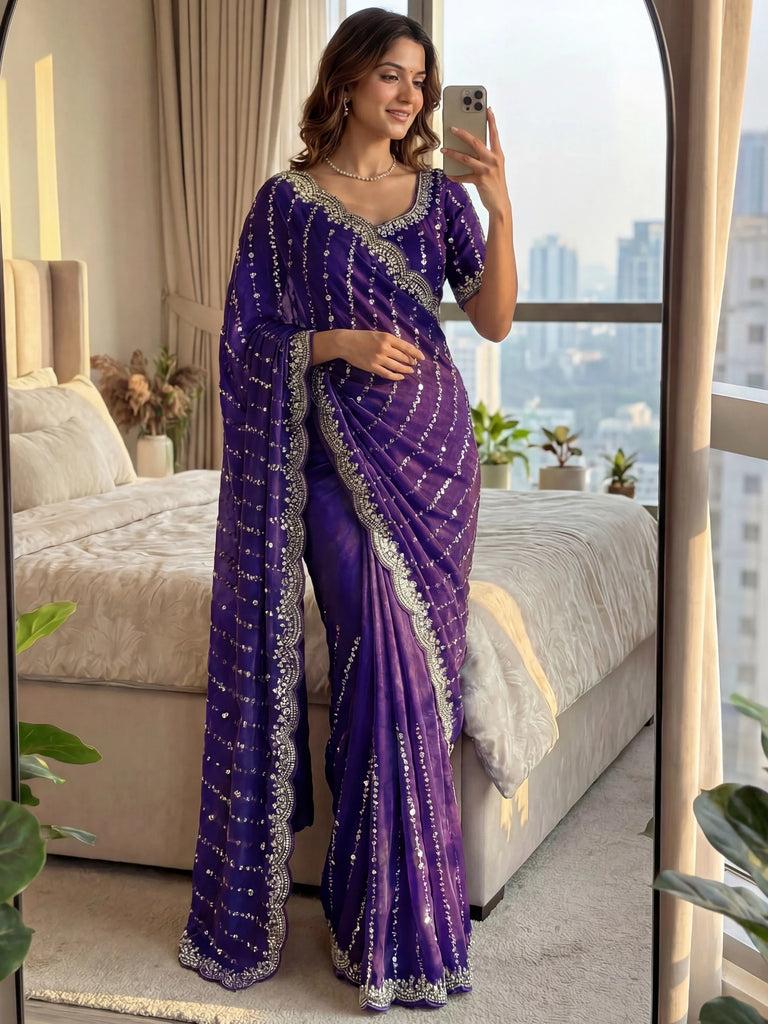 Sparkling Purple Sequins Satin Party Wear Saree With Blouse