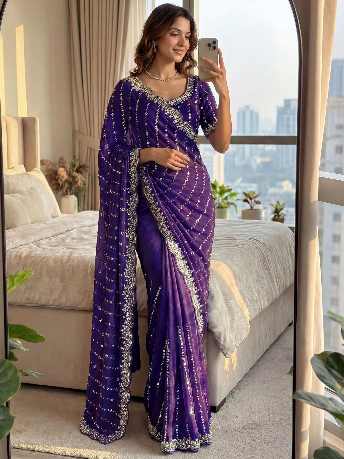 Sparkling Purple Sequins Satin Party Wear Saree With Blouse
