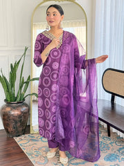 Mesmerizing Purple Rayon Printed Festival Wear Straight Suit