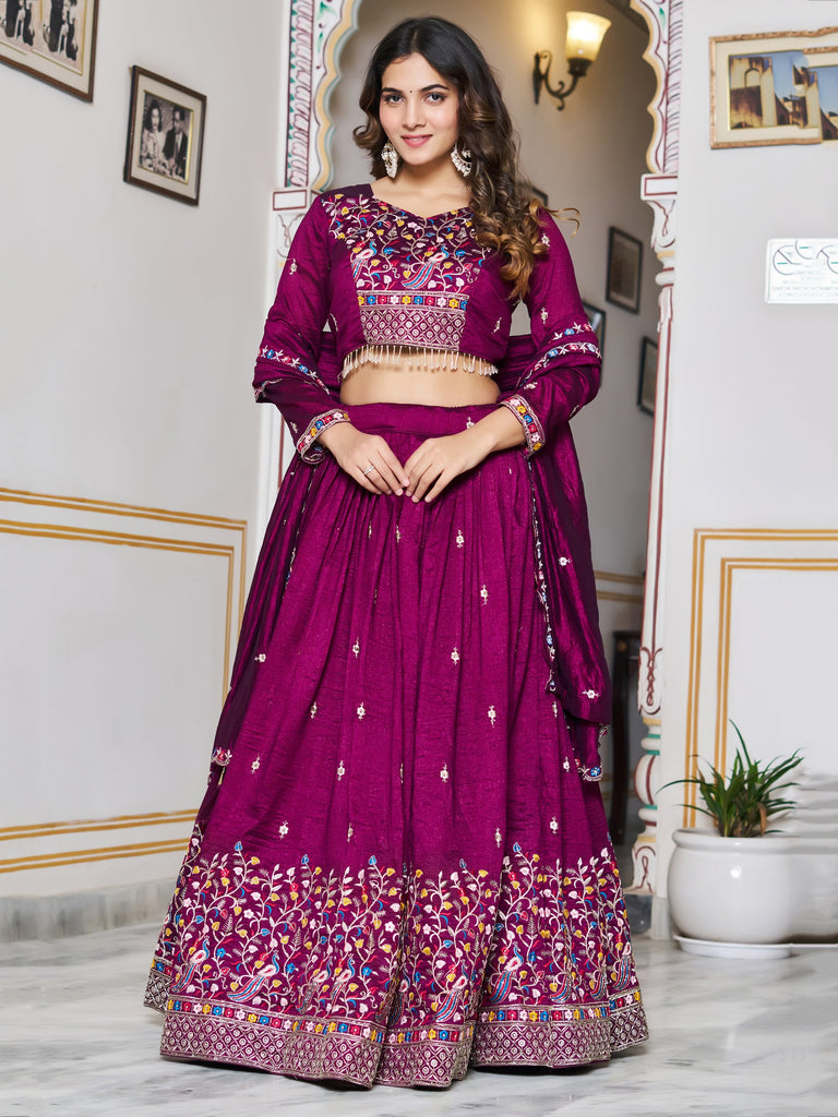 Gorgeous Purple Thread Embroidered Silk Wedding Wear Lehenga Choli 