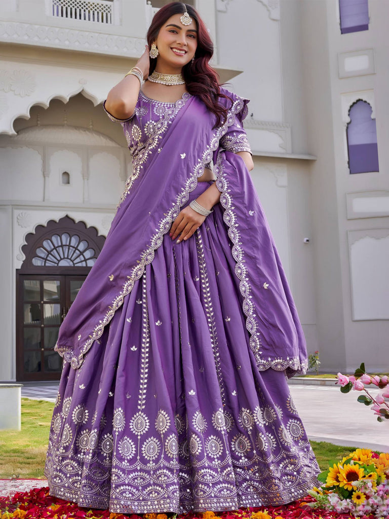 Precious Purple Embroidered Silk Wedding Wear Lehenga Choli