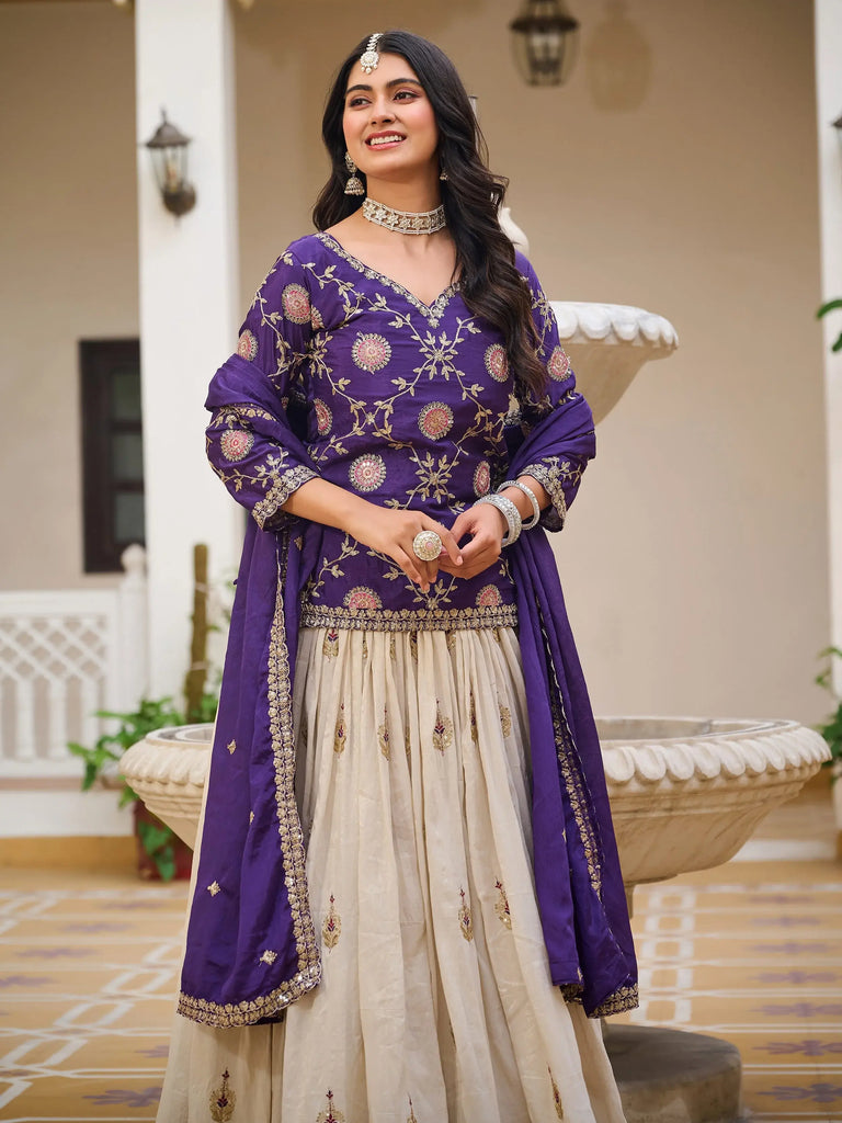 Impressive Purple Sequins Embroidered Chinon Lehenga With Long Choli