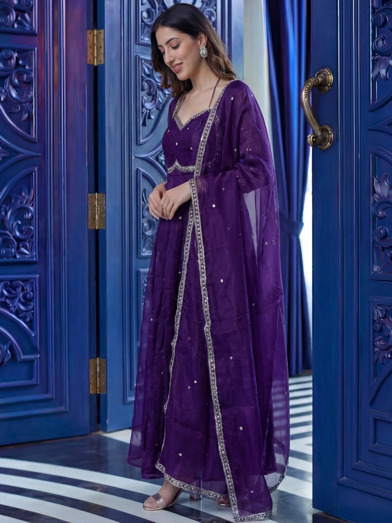 Outstanding Purple Sequins Silk Engagement Wear Anarkali Gown
