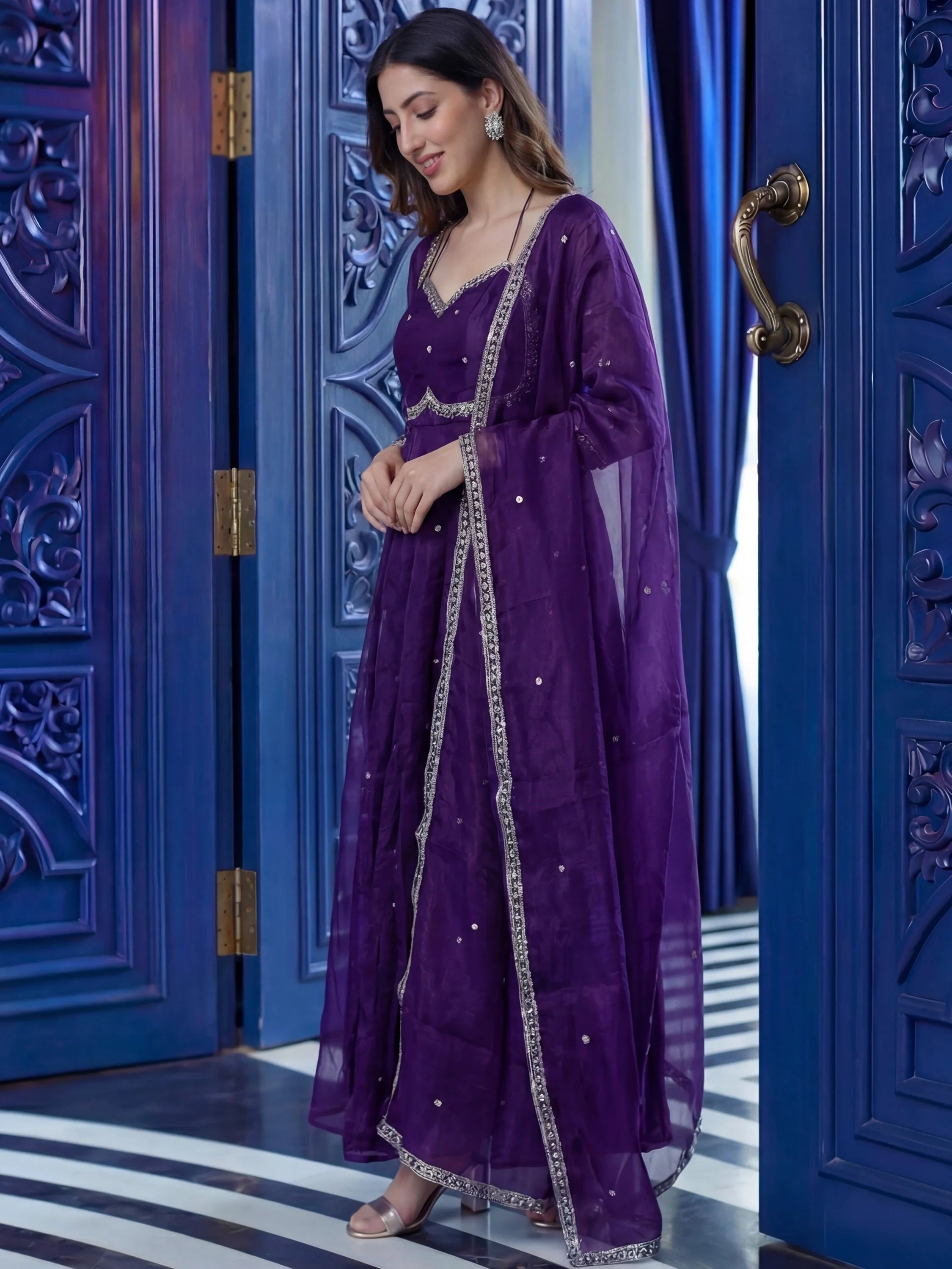 Outstanding Purple Sequins Silk Engagement Wear Anarkali Gown