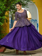 Fascinating Purple Silk Embroidered Peplum Top With Lehenga