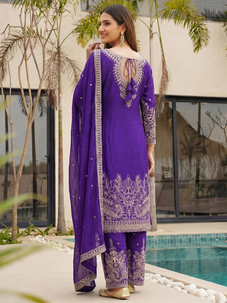 Enchanting Purple Embroidered Chinon Function Wear Palazzo Suit