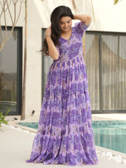 Lavishing Purple Floral Printed Georgette Festival Wear Gown