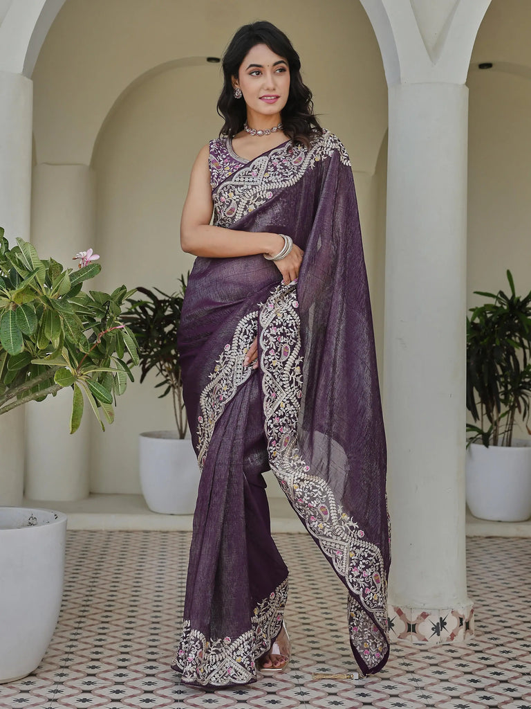 Classic Purple Sequins Organza Festive Wear Saree With Blouse