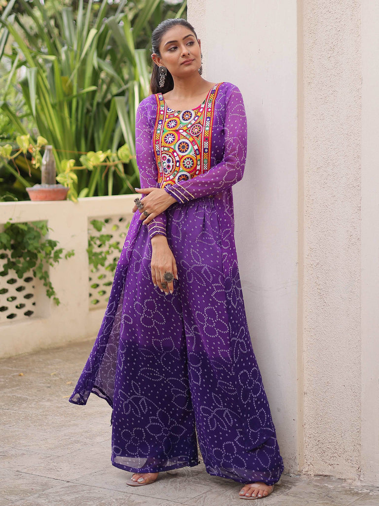 Delicate Purple Georgette Bandhani Printed Navratri Wear Co-Ord Set